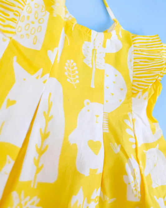 Keebee Yellow Frock Dress-Iris Forest Printed-Organic Cotton-For Infants