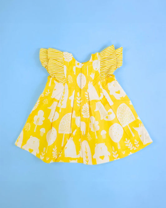 Keebee Yellow Frock Dress-Iris Forest Printed-Organic Cotton-For Infants