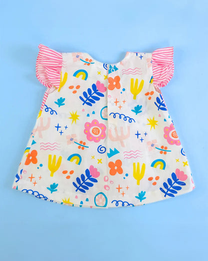 Keebee Pink Bow Frock Dress-Lil Picasso Printed-Organic Cotton-For Infants