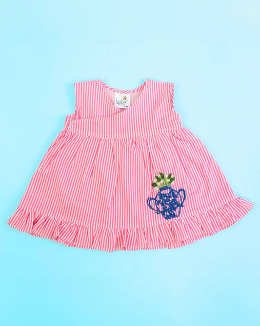 Keebee Pink Striped Frock Dress-Embroidered-Organic Cotton-For Infants