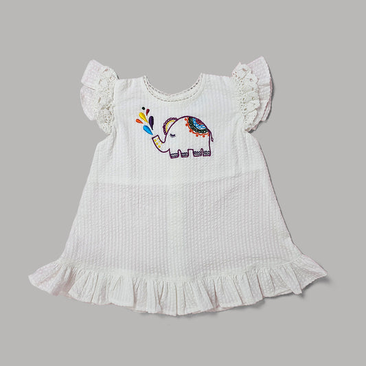 Keebee White Frock Dress-Elephant-Cotton-For Infants