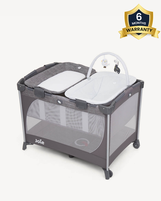 Joie Commuter Change & Snooze Travel Cot-Changer & Snoozing Seat Included-Compact Fold-For 0M+ (Upto 15 Kg)-Grey