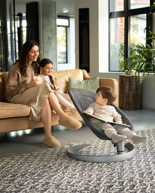 Nuna Leaf Grow Baby Bouncer-Organic Jersey Knit Cotton Insert-3 Ergonomic Recline Positions-With Toy Bar-2 Years Warranty-For Infants-Granite