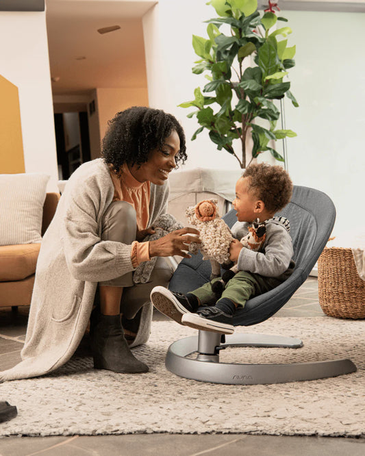 Nuna Leaf Grow Baby Bouncer-Organic Jersey Knit Cotton Insert-3 Ergonomic Recline Positions-With Toy Bar-2 Years Warranty-For Infants-Granite