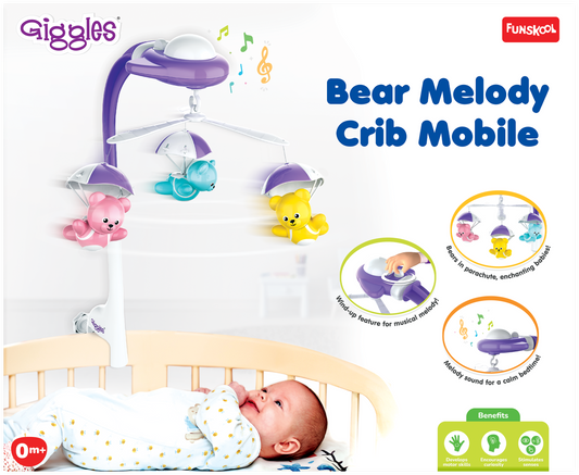 Funskool Giggles Bear Melody Crib Mobile-Bears In Parachute-Baby Cot Mobile-Stimulates Visual & Auditory Senses-With Soothing Melody-For Infants