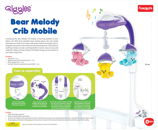 Funskool Giggles Bear Melody Crib Mobile-Bears In Parachute-Baby Cot Mobile-Stimulates Visual & Auditory Senses-With Soothing Melody-For Infants