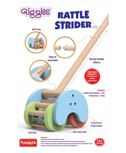 Funskool Giggles Rattle Strider-Sturdy Handles & Smooth Edges-Produce Enchanting Sounds-Wooden Push and Pull Toy-9M+