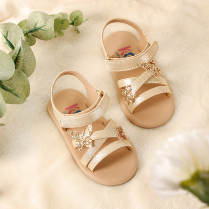 Kicks & Crawl Golden & Cream Butterfly Velcro Sandals For Infants