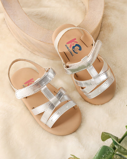 Kicks & Crawl Brown & Silver Shiny Hearts Velcro Sandals For Infants