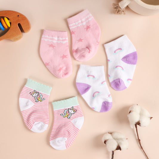 Kicks & Crawl Pink, Purple & Multicolor Socks-Unicorn Print-Cotton-Pack of 3-For Infants