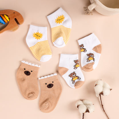 Kicks & Crawl Brown & Yellow Socks-Bear Print-Cotton-Pack of 3-For Infants