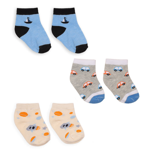 Kicks & Crawl Blue, Grey & Cream Socks-Printed-Cotton-Pack of 3-For Infants