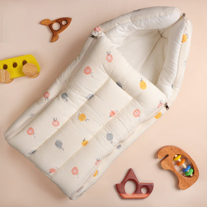 Kicks & Crawl Fun Fruity Friends Baby Carrier Nest-Softest Microfibre-With 3-Way Zip For Easy Change-Newborn Bed