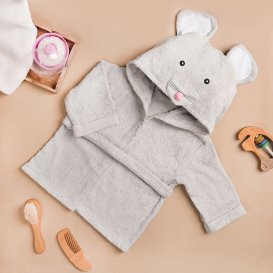 Kicks & Crawl Baby Hooded Bathrobe-100% Terry Cotton-Tiny Mouse