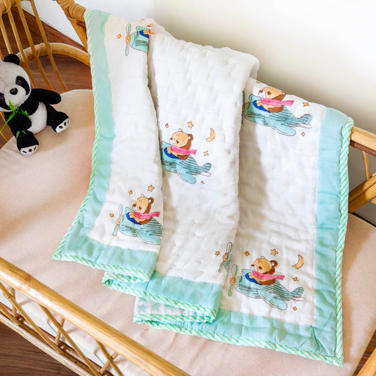 Kicks & Crawl Bears & Stars Quilted Thick Blanket-Breathable & Durable-White & Blue-Blanket For Infants