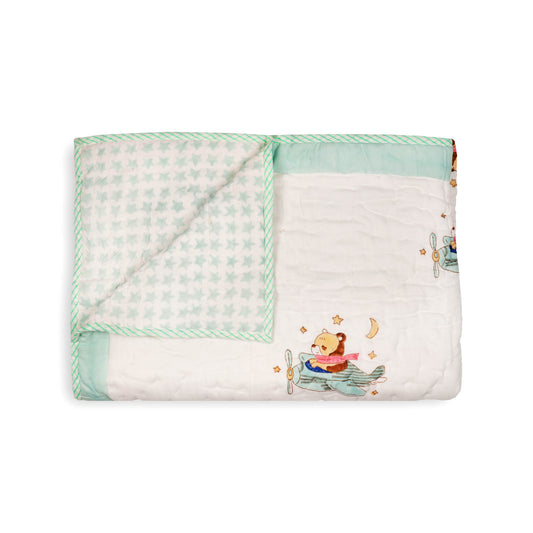 Kicks & Crawl Bears & Stars Quilted Thick Blanket-Breathable & Durable-White & Blue-Blanket For Infants