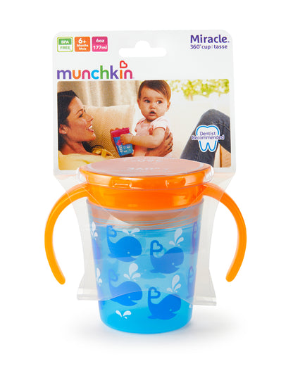 Munchkin Miracle 360 Degree Decorated Trainer Cup-Whale-Auto Flow Stop-177 ml-For Infants