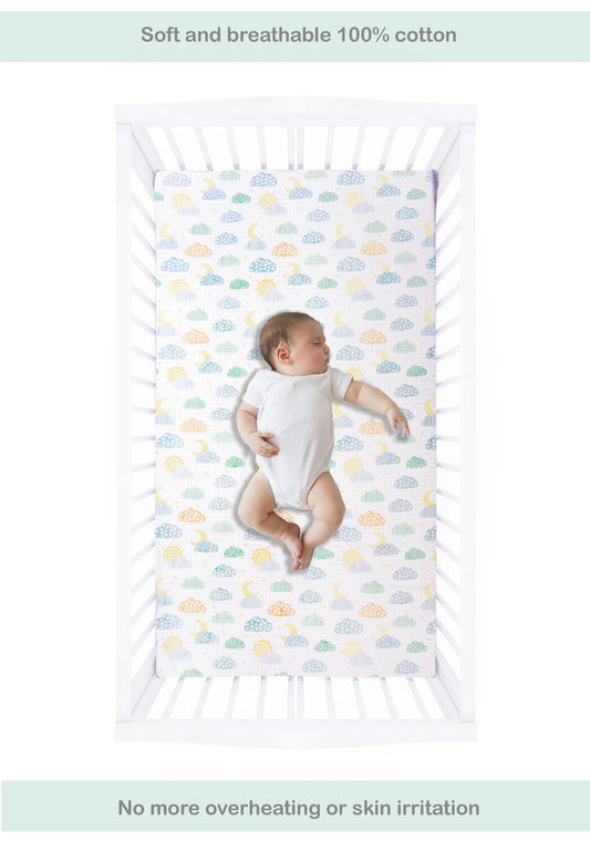 Abracadabra Flat Bedsheet-Lost in Clouds-100% Natural Premium Cotton-Green & White-Pack of 2 Baby Bedsheets-For Infants