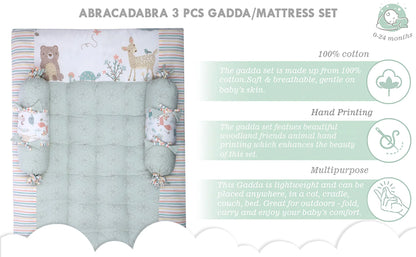 Abracadabra Baby Gadda Set-With 2 Bolsters & Mattress-Green-Bambi & Friends-For Infants