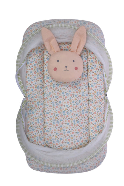 Abracadabra Baby Gadda Set-With Mosquito Net & Baby Pillow-Pink-Bunny Garden-For Infants