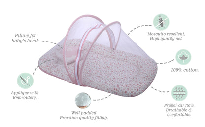 Abracadabra Baby Gadda Set-With Mosquito Net & Baby Pillow-Pink-Vintage Floral-For Infants