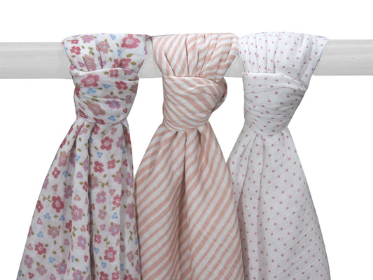 Abracadabra Vintage Floral Swaddles-Pink-Muslin Cotton-Infant Wraps-Pack of 3