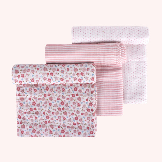 Abracadabra Vintage Floral Swaddles-Pink-Muslin Cotton-Infant Wraps-Pack of 3