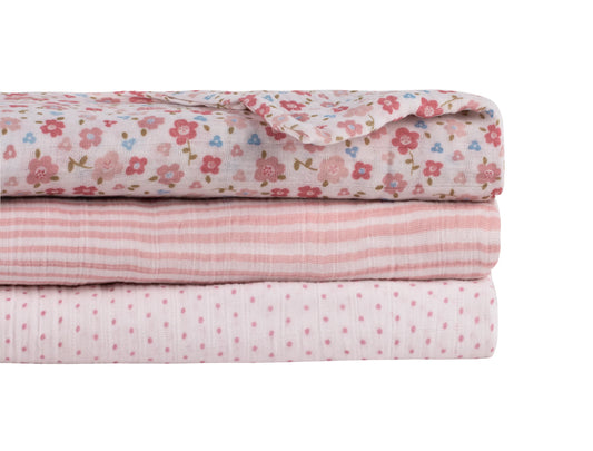 Abracadabra Vintage Floral Swaddles-Pink-Muslin Cotton-Infant Wraps-Pack of 3