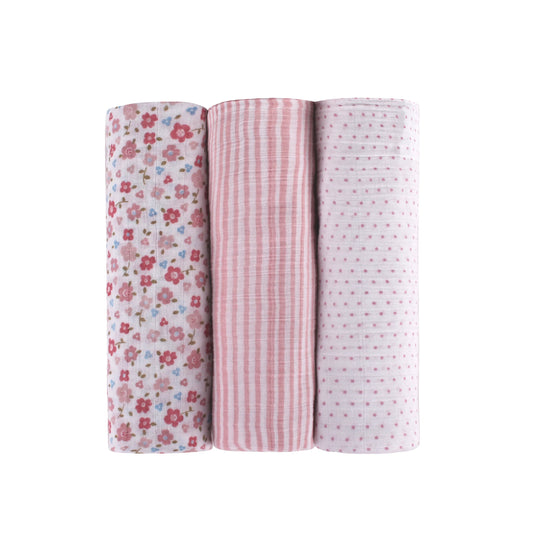 Abracadabra Vintage Floral Swaddles-Pink-Muslin Cotton-Infant Wraps-Pack of 3