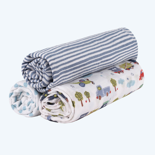 Abracadabra Transport Swaddles-Blue-Muslin Cotton-Infant Wraps-Pack of 3