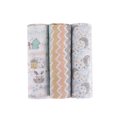 Abracadabra Sleepy Friends Swaddles-Multicolor-Muslin Cotton-Infant Wraps-Pack of 3