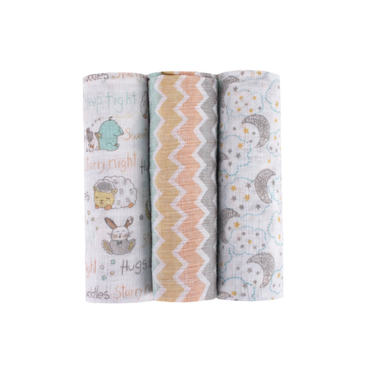 Abracadabra Sleepy Friends Swaddles-Multicolor-Muslin Cotton-Infant Wraps-Pack of 3