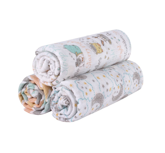 Abracadabra Sleepy Friends Swaddles-Multicolor-Muslin Cotton-Infant Wraps-Pack of 3