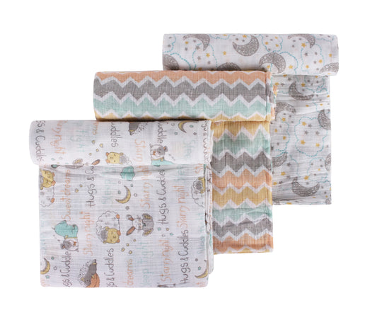 Abracadabra Sleepy Friends Swaddles-Multicolor-Muslin Cotton-Infant Wraps-Pack of 3