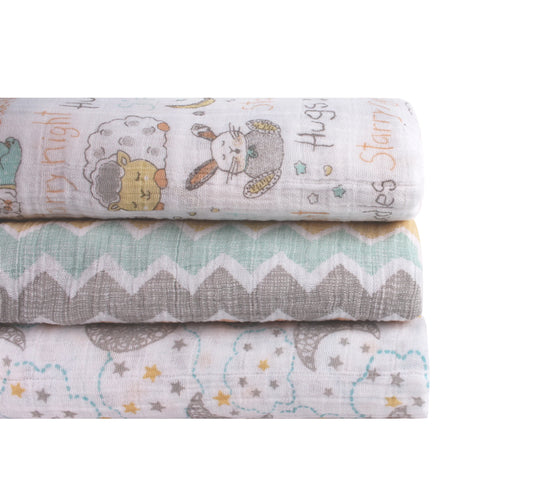 Abracadabra Sleepy Friends Swaddles-Multicolor-Muslin Cotton-Infant Wraps-Pack of 3