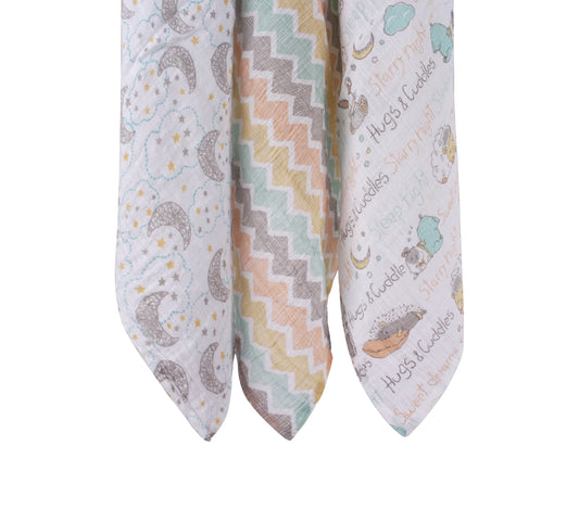 Abracadabra Sleepy Friends Swaddles-Multicolor-Muslin Cotton-Infant Wraps-Pack of 3