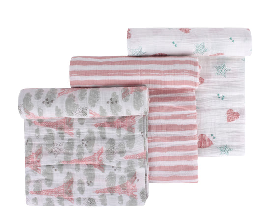 Abracadabra Eiffel Tower Swaddles-Pink-Muslin Cotton-Infant Wraps-Pack of 3