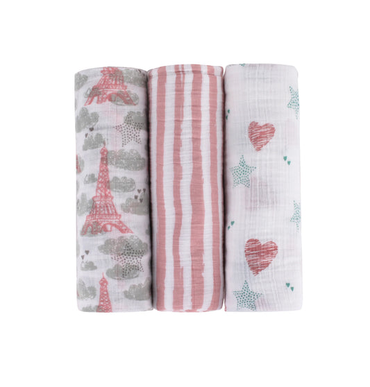 Abracadabra Eiffel Tower Swaddles-Pink-Muslin Cotton-Infant Wraps-Pack of 3