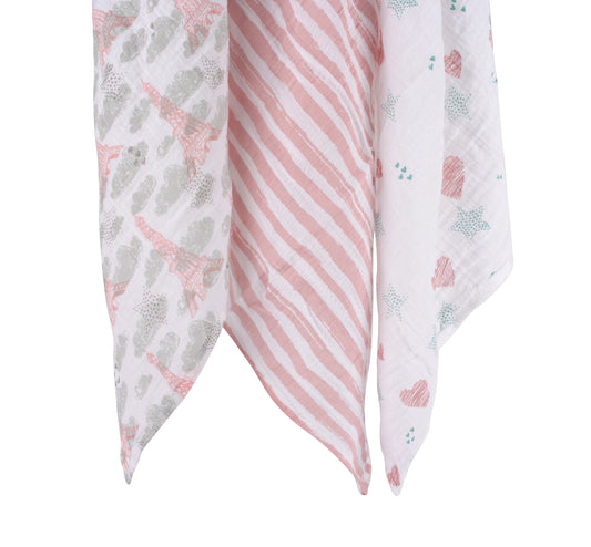 Abracadabra Eiffel Tower Swaddles-Pink-Muslin Cotton-Infant Wraps-Pack of 3