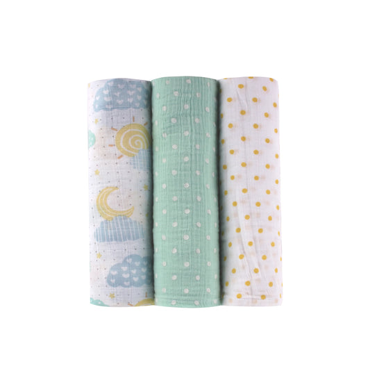 Abracadabra Lost in Clouds Swaddles-Multicolor-Muslin Cotton-Infant Wraps-Pack of 3