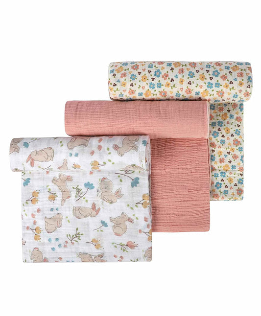 Abracadabra Bunny Garden Swaddles-Green-Muslin Cotton-Infant Wraps-Pack of 3