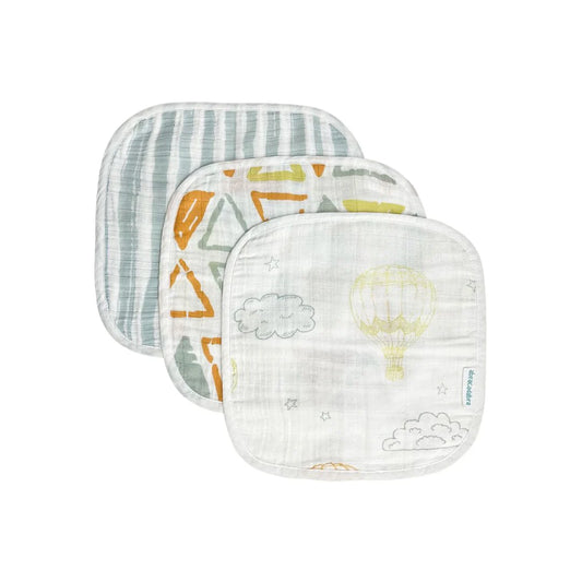 Abracadabra 100% Cotton Muslin Wipes-Multi Purpose & Hypoallergenic-Set of 3 Wash Cloths-Hot Air Balloon-For Infants