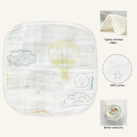 Abracadabra 100% Cotton Muslin Wipes-Multi Purpose & Hypoallergenic-Set of 3 Wash Cloths-Hot Air Balloon-For Infants