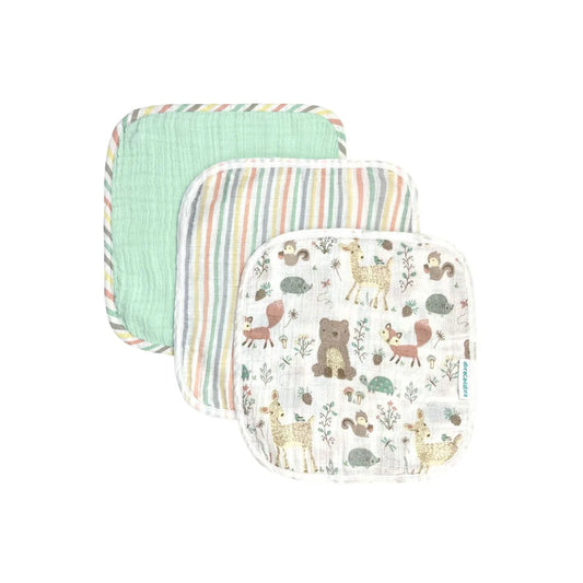 Abracadabra 100% Cotton Muslin Wipes-Multi Purpose & Hypoallergenic-Set of 3 Wash Cloths-Bambi & Friends-For Infants