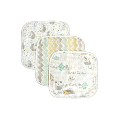 Abracadabra 100% Cotton Muslin Wipes-Multi Purpose & Hypoallergenic-Set of 3 Wash Cloths-Sleepy Friends-For Infants