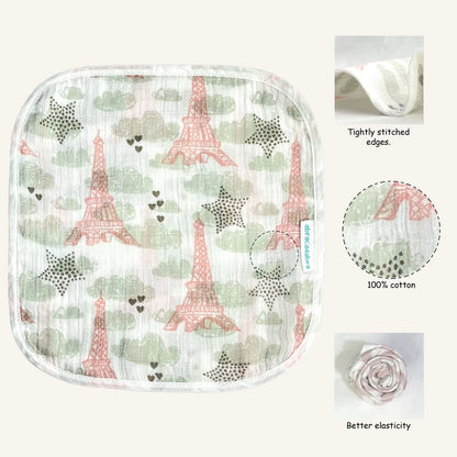 Abracadabra 100% Cotton Muslin Wipes-Multi Purpose & Hypoallergenic-Set of 3 Wash Cloths-Eiffel Tower-For Infants