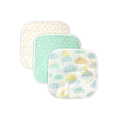 Abracadabra 100% Cotton Muslin Wipes-Multi Purpose & Hypoallergenic-Set of 3 Wash Cloths-Lost in Clouds-For Infants