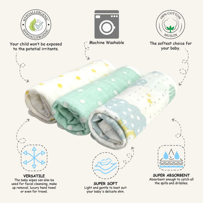 Abracadabra 100% Cotton Muslin Wipes-Multi Purpose & Hypoallergenic-Set of 3 Wash Cloths-Lost in Clouds-For Infants