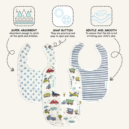 Abracadabra Muslin Bibs-Transport-Foldable-With Snap Button-Pack of 3-For Infants