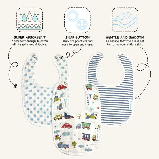 Abracadabra Muslin Bibs-Transport-Foldable-With Snap Button-Pack of 3-For Infants